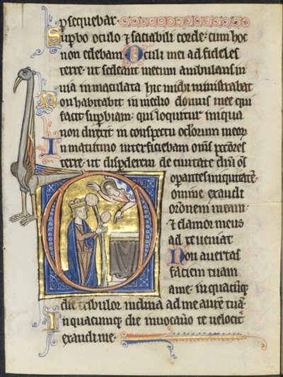 Foglio da un Salterio: Iniziale D: Davide in preghiera davanti a un altare e Cristo in una nuvola (2 di 2 fogli ritagliati) da Unknown artist