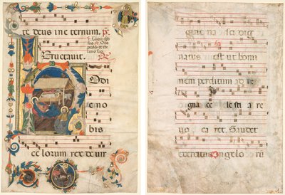 Foglio di un Antifonario con Iniziale Istoriata (H) con La Natività (recto) e Musica (verso) da Unknown artist