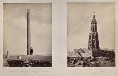 A sinistra: [La colonna di Ashoka spostata nella posizione attuale da Feroz Shah]. A destra: Monumento commemorativo dei soldati britannici nel 1859 da Unknown artist