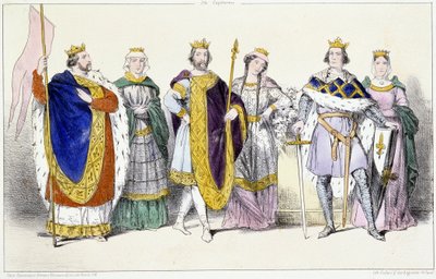 I Capetingi: Luigi VI Il Grosso (1081-1137) e Adelaide di Savoia (ca. 1100-1154), Luigi VII Il Giovane (1120-1180) e Adele di Champagne (o Blois) (ca. 1140-1206), Filippo II detto Filippo Augusto (1165-1223) e Isabella di Hainaut (1170-1190) - Tavola da da Unknown artist
