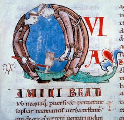 Lettera Q rappresentante i monaci disboscatori Miniatura tratta dal 