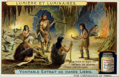 Luce e lampade: la lampada di argilla degli abitanti delle caverne durante i tempi preistorici. Illustrazione su confezioni Liebig. da Unknown artist