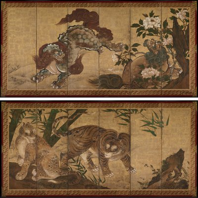 Leoni e tigri tra peonie e bambù da Unknown artist