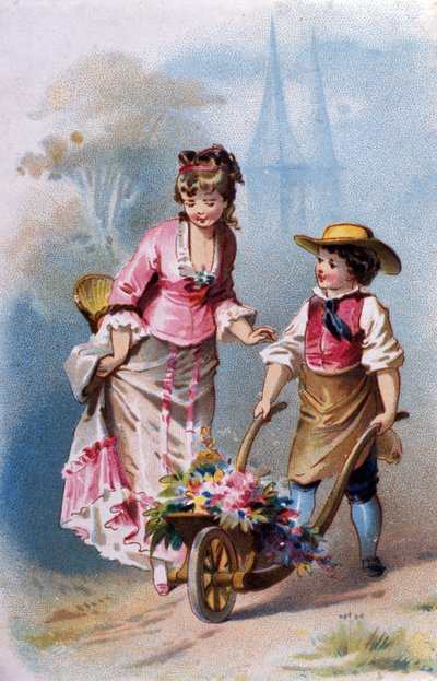 Piccolo giardiniere: un giovane ragazzo con una carriola piena di fiori parla con una giovane donna sulla strada per un villaggio. Cromolitografia 1880 da Unknown artist