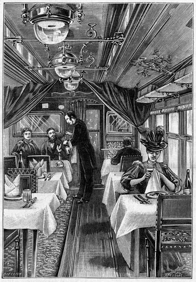 Treni di lusso in Europa: vista interna di un vagone ristorante. Incisione in 