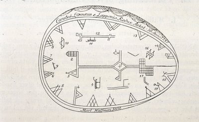 Tamburo magico degli sciamani in Lapponia, illustrazione di un libro sul viaggio di Linne da Unknown artist