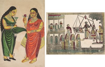 Cameriera porta un narghilè a una signora (recto); Krishna pesato contro oggetti preziosi (?) (verso) da Unknown artist