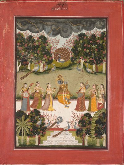 Malar Ragini: Krishna che suona il flauto a sette Gopi con strumenti musicali, dalla serie Ragamala da Unknown artist