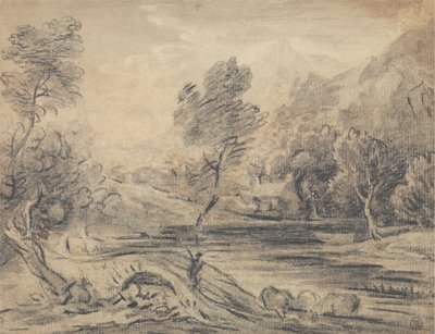 Uomo che attraversa un ponte arcuato su un fiume con bestiame che si abbevera da Unknown artist