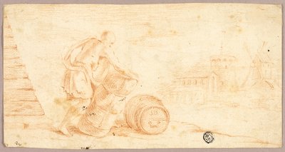 Uomo che sposta una balla, botte, con mulino a vento in lontananza da Unknown artist