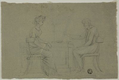 Uomo e donna seduti al tavolo da Unknown artist