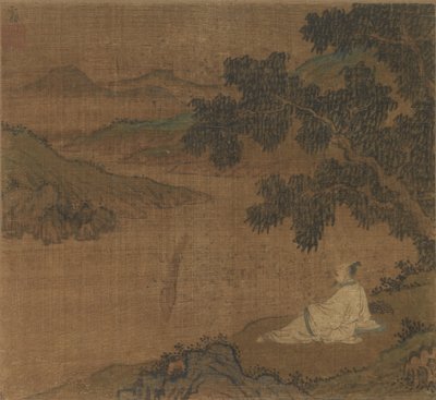 Uomo su una collina sotto un albero che guarda un fiume da Unknown artist
