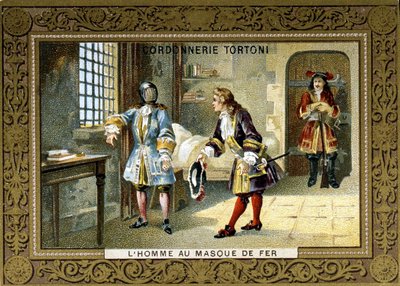 Uomo con maschera di ferro chiuso nella prigione di Santa Margherita - cromo del calzolaio Tortoni da Unknown artist