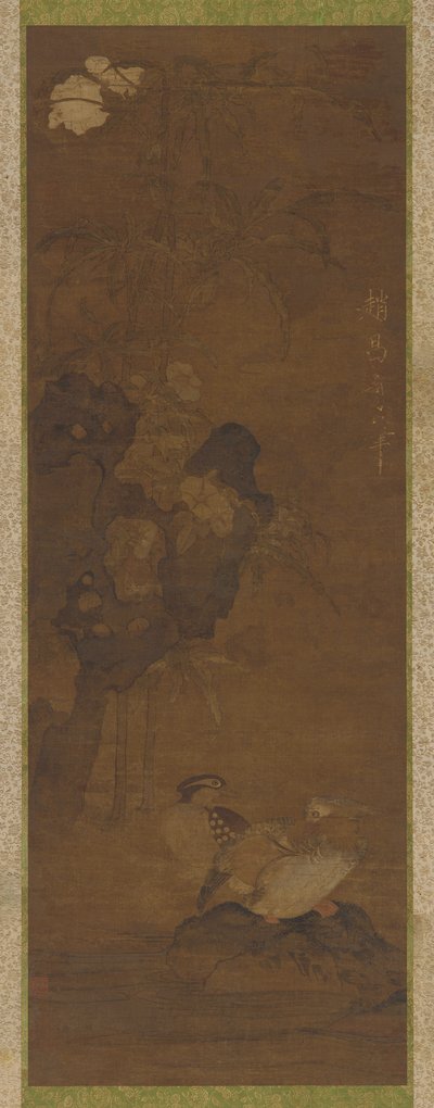 Anatre mandarino, rocce e una pianta fiorita da Unknown artist