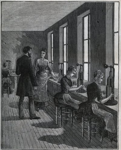 Fabbricazione di piume di metallo: officina di découpage in Francia nel XIX secolo. Incisione del 1885 in "Les arts et métiers illustrés" di Adolphe Bitard. da Unknown artist