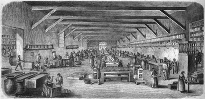 Fabbricazione di senape e cibo in scatola presso Louit Frères a Bordeaux. Sala delle bottiglie e dell