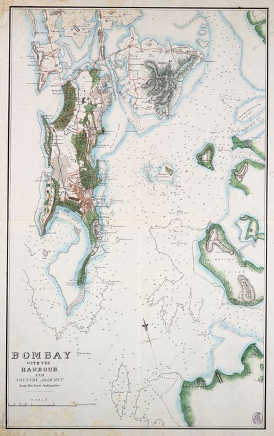 Mappa di Bombay con il porto e il paese adiacente, mostrati anche il Mare Arabico e il Golfo Persico, c.1855 da Unknown artist