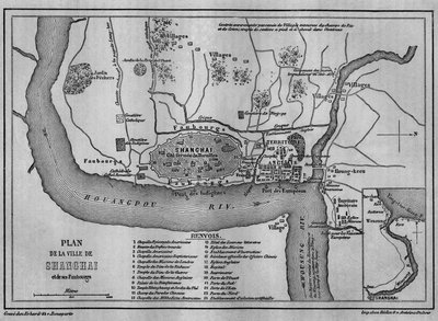 Mappa della città di Shanghai nel 1860, vista della città vecchia cinese e delle concessioni straniere nel 1860. Carta in 