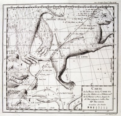 Mappa del percorso della cometa del 1762 e mappa del cielo, osservata da Messier - incisione da Unknown artist