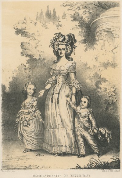 Maria Antonietta che cammina con i suoi figli (litografia) da Unknown artist
