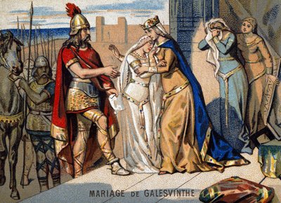 Matrimonio di Galeswinthe (567): partenza di Galeswinthe per sposare Chilperic, capo dei Franchi Neustriani. Cromolitografia della serie Insegnamento patriottico per immagini da Unknown artist