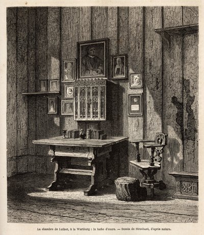 La stanza di Martin Lutero (1483-1546) a Wartburg dove si rifugiò dopo la sua scomunica nel 1521, con il suo ritratto e quelli dei suoi genitori sopra la scrivania, sotto i cui occhi tradusse la Bibbia in tedesco e rediò i suoi testi più famosi. L