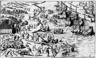 Incontro tra il popolo di Cristoforo Colombo e i Cannibali - in "Nova Tipus Transacto Navigatio Novi Orbi" di Philoponus Honorius da Unknown artist