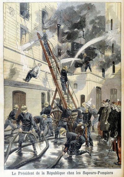 Incontro del Presidente della Repubblica Felix Faure con i pompieri durante un intervento contro un incendio. Illustrazione del "piccolo giornale" del 1898. da Unknown artist