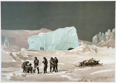 Uomini e slitta sul ghiaccio - in "Le coste del mare polare, narrazione di una spedizione artica", di Dr. Edward Moos, Marcus Nard & Co, Londra da Unknown artist