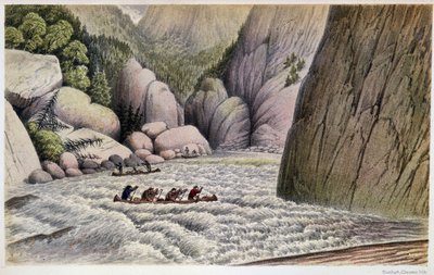 Uomini in canoa che scendono le rapide: "Una fuga alla quarta rapida" - in "Esplorazione della penisola del Labrador" di Hind, Londra da Unknown artist