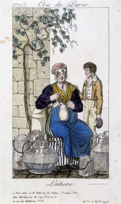 Lattaia che versa latte in una bottiglia per un giovane - in Cris de Paris, inizi XIX secolo da Unknown artist