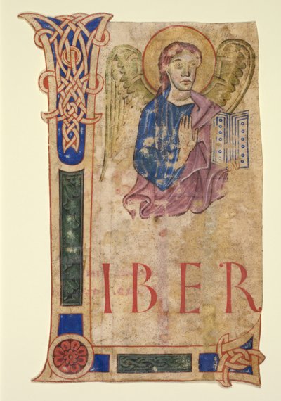 Miniatura ritagliata da un libro dei Vangeli: Il simbolo di San Matteo (recto) e Tavole dei canoni (verso) da Unknown artist