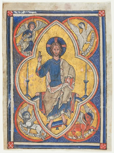 Miniatura ritagliata da un salterio: Cristo in maestà con i simboli dei quattro evangelisti da Unknown artist