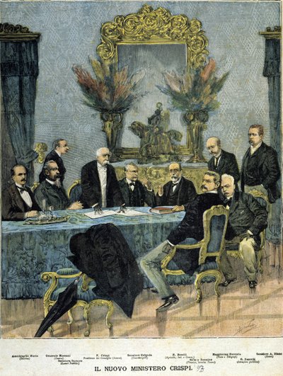 Ministri del nuovo governo "Crispi": da sinistra a destra Ammiraglio Morin, Generale Mocenni, Francesco Crispi, Senatore Calenda, P. Boselli, Sidney Sonnino, Maggiorino Ferraris, G. Faccelli e Senatore A. Blanc da Unknown artist