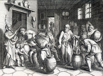 Miracolo di Eliseo, profeta biblico e discepolo di Elia che, con il suo mantello, gli trasmette il suo spirito e i suoi poteri. Incisione del 1724. da Unknown artist