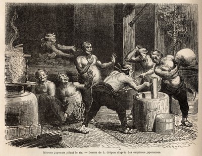 Mitrons che pestano il riso, prima che venga fermentato per fare la birra di riso. Incisione per illustrare il viaggio in Giappone, di Aime Humbert, ministro della Confederazione Svizzera, nel 1863-1864, pubblicato in "Le tour du monde" 1869, edito da Edou da Unknown artist