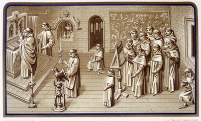 Monaci in una cappella del monastero: preghiera e coro. Grisaille dei Miracoli della Nostra Signora. Cromolitografia. XIX secolo da Unknown artist