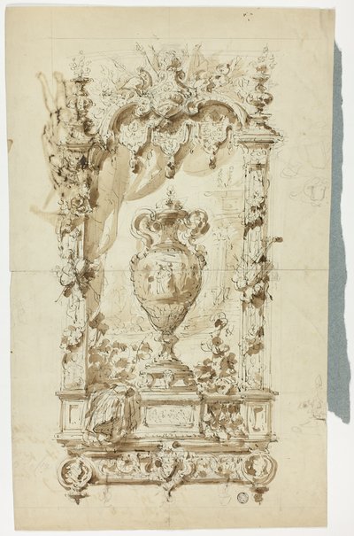 Vaso monumentale in cornice ornamentale (recto); schizzo di uomo in piedi con parasole e pappagallo e studi architettonici (verso) da Unknown artist