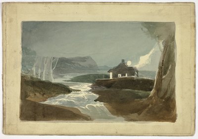 Luna sul cottage presso la cascata (recto); torre e casa di città con tetto in paglia (verso) da Unknown artist