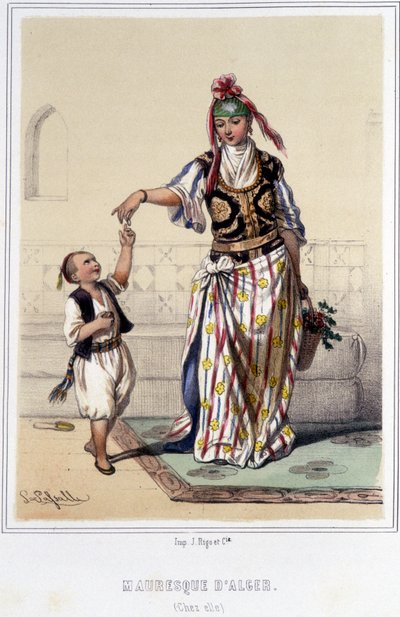 Donna moresca accompagnata da un bambino a casa ad Algeri durante la seconda metà del XIX secolo da Unknown artist