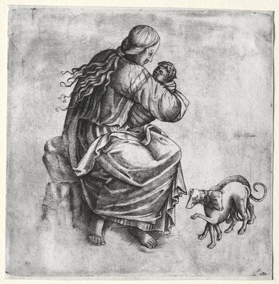 Madre e figlio con due cani da Unknown artist
