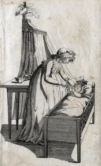 Madre e bambino in una culla. Incisione fine XVIII secolo. Collezione privata da Unknown artist