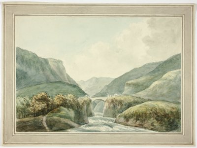 Città di montagna con ponte che attraversa le rapide da Unknown artist