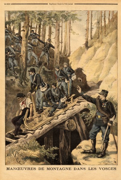 Manovra di montagna nei Vosgi di un battaglione di cacciatori alpini con una richiesta per una schlitte, slitta per il trasporto del legname. da Unknown artist