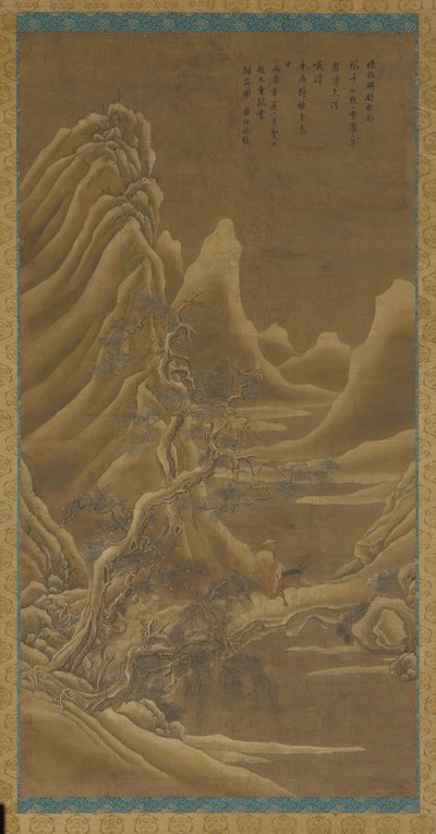 Montagne, un fiume e pini—un uomo su un asino da Unknown artist