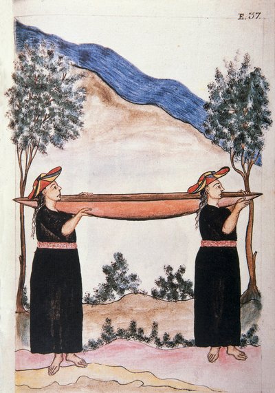 Indiani di Moyobamba con la loro canoa, dal libro "Trujillo del Peru" o "Codice Martínez Compañón", di Baltazar Martinez Compañón y Bujanda, vescovo di Trujillo (1782-1785) da Unknown artist