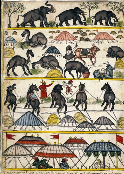 Campo militare Mughal. Pagina dal manoscritto (ms.8300) "Storia del Mogol" di Stefano Nivibus Cardeira. XVIII secolo. Biblioteca Marciana, Venezia da Unknown artist
