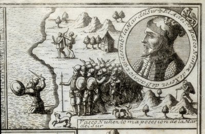 NUNEZ DE BALBOA, Vasco (1475-1517). Scopritore e conquistatore inglese. Spagna. Colonizzazione spagnola (1513). Vasco Nunez prende possesso del Mare del Sud. Immagine del 1728. Incisione. da Unknown artist