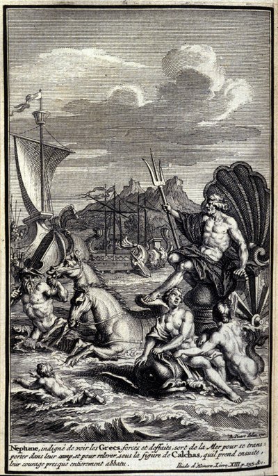 Nettuno, indignato nel vedere le forze e le imprese dei Greci, lascia il mare per trasportarsi nel loro campo e per risollevare, sotto la figura di Calcante che poi assume, il loro coraggio quasi completamente distrutto. Illustrazione del libro XIII dell