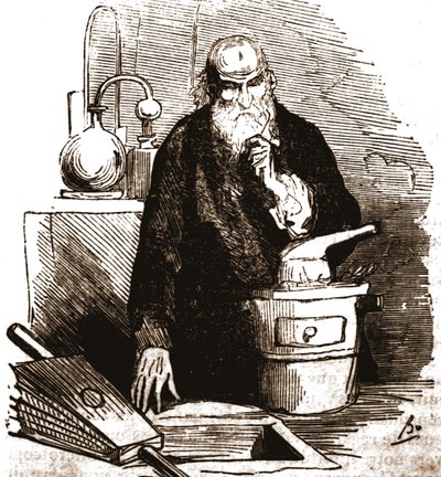 Nicolas Flamel (1330 - 1418) nel suo laboratorio. da Unknown artist